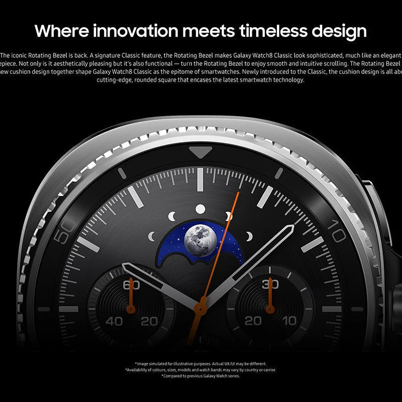 Samsung Galaxy Watch8 Classic White on wireless charging puck with charging animation.