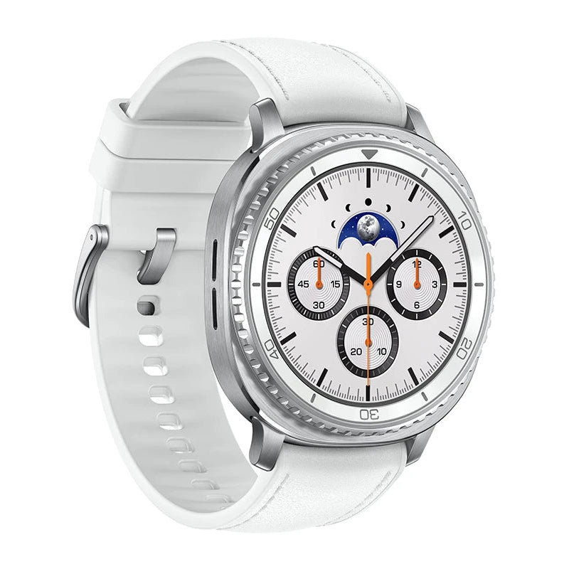 Side angle of Galaxy Watch8 Classic 46mm White highlighting stainless steel case and rotating bezel.