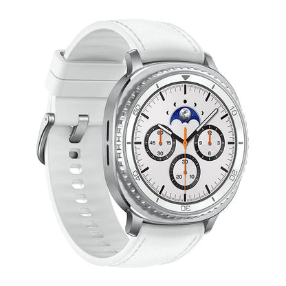 Side angle of Galaxy Watch8 Classic 46mm White highlighting stainless steel case and rotating bezel.