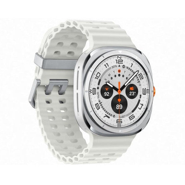 Close‑up of Samsung Galaxy Watch Ultra Titanium White Quick Button and crown on the right side of the case.