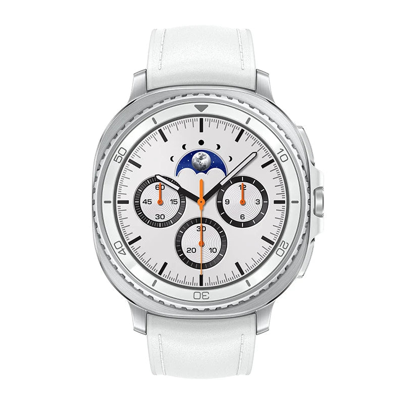 Close‑up of Samsung Galaxy Watch8 Classic White bezel knurling and side buttons.