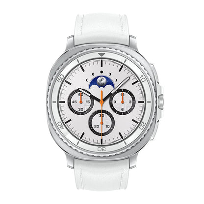 Close‑up of Samsung Galaxy Watch8 Classic White bezel knurling and side buttons.