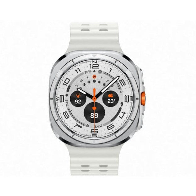 Rear view of Galaxy Watch Ultra 47mm Titanium White showing BioActive sensor array and charging ring.