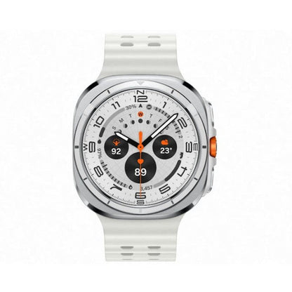 Rear view of Galaxy Watch Ultra 47mm Titanium White showing BioActive sensor array and charging ring.