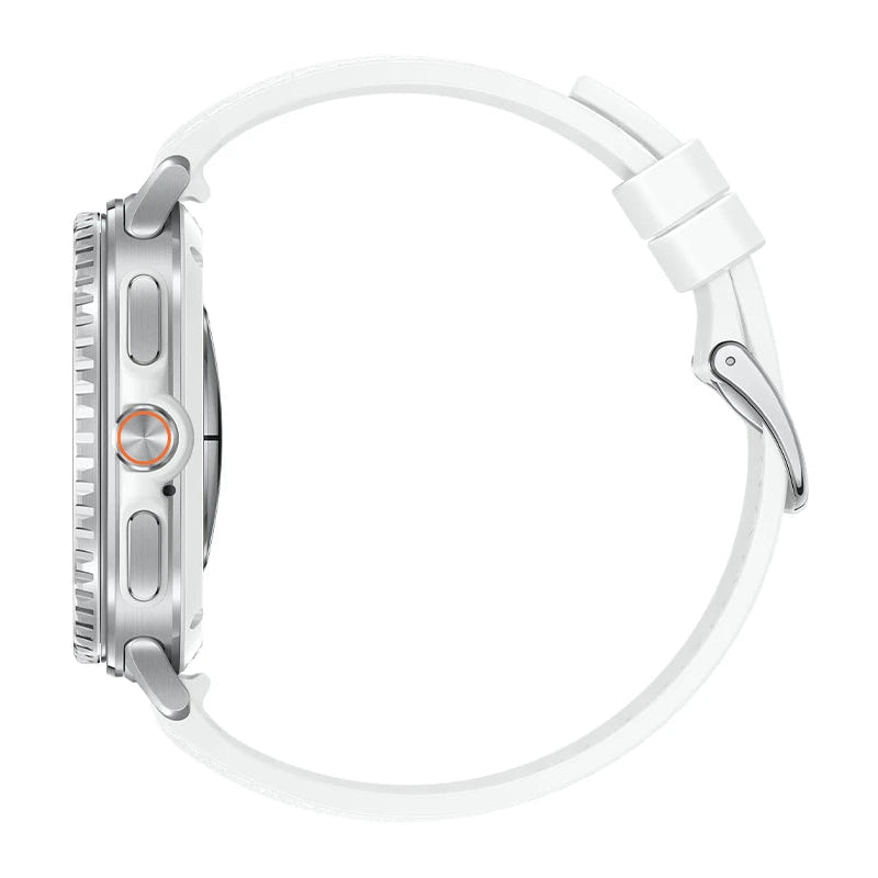 Rear view of Galaxy Watch8 Classic 46mm White showing BioActive sensor array and charging ring.
