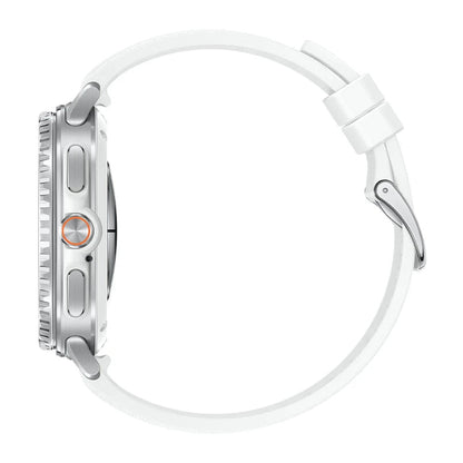 Rear view of Galaxy Watch8 Classic 46mm White showing BioActive sensor array and charging ring.