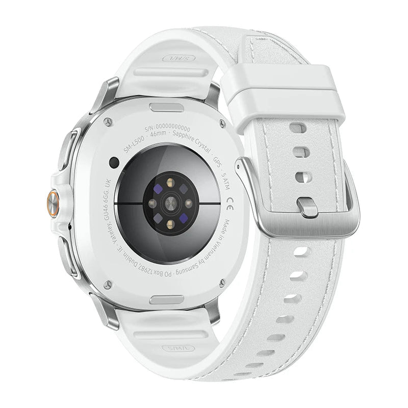 Watch8 Classic 46mm White on wrist displaying heart‑rate and steps on fitness watch face.