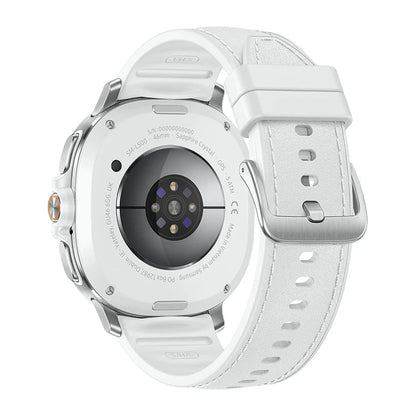Watch8 Classic 46mm White on wrist displaying heart‑rate and steps on fitness watch face.