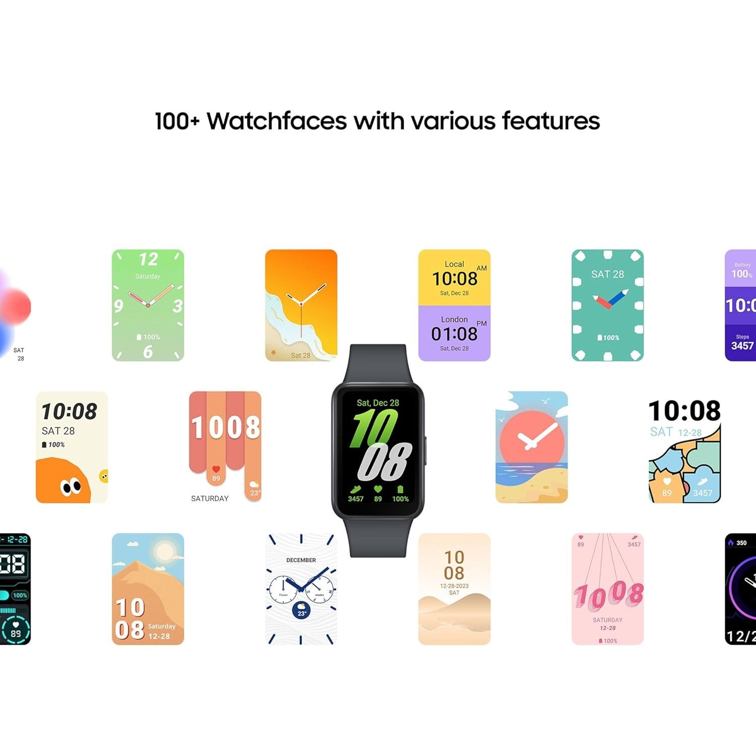 Close-up of Galaxy Fit3 watch face with colorful fitness widgets

