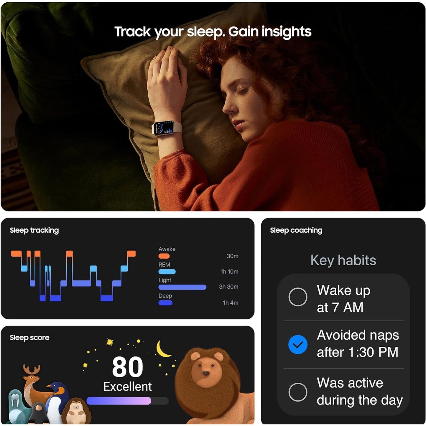Galaxy Fit3 smart band with sleep tracking summary on AMOLED display



