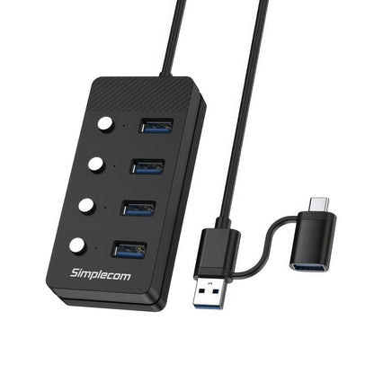 Simplecom CH345C SuperSpeed USB-A and USB-C to 4-Port USB 3.0 Hub 5Gbps Individual Switches and Power Adapter Tristar Online