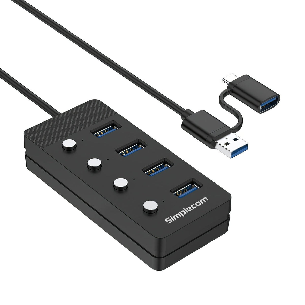 Simplecom CH345C SuperSpeed USB-A and USB-C to 4-Port USB 3.0 Hub 5Gbps Individual Switches and Power Adapter Tristar Online