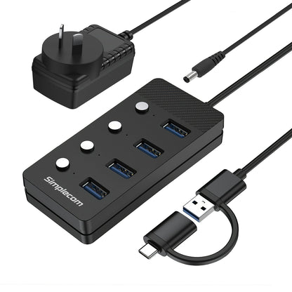 Simplecom CH345C SuperSpeed USB-A and USB-C to 4-Port USB 3.0 Hub 5Gbps Individual Switches and Power Adapter Tristar Online