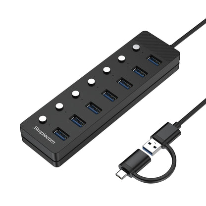 Simplecom CH375C USB-A and USB-C to 7-Port USB 3.0 Hub 5Gbps Individual Switches and Power Adapter Tristar Online