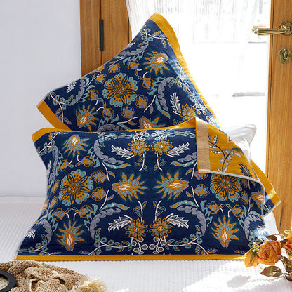 Single Blue Floral Pillow Towel Premium Cotton Gauze Pillow Towel Pair - Simple Nordic Style (52x75cm) Tristar Online