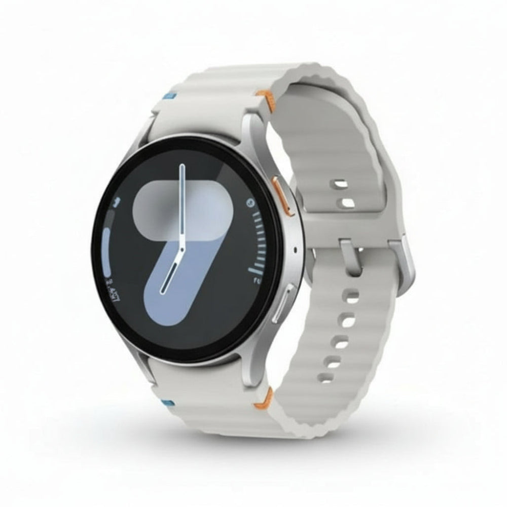 Front view of Samsung Galaxy Watch7 44mm Bluetooth in Silver showing 1.5‑inch Super AMOLED watch face with health stats.