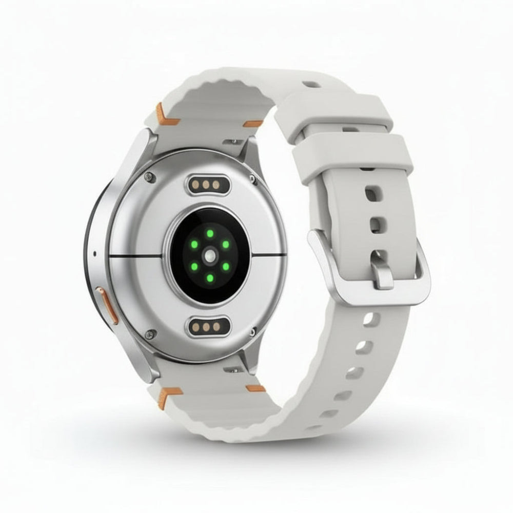 Angled close‑up of Galaxy Watch7 44mm Silver highlighting floating glass design and silver aluminium case.