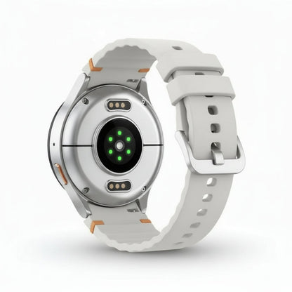 Angled close‑up of Galaxy Watch7 44mm Silver highlighting floating glass design and silver aluminium case.