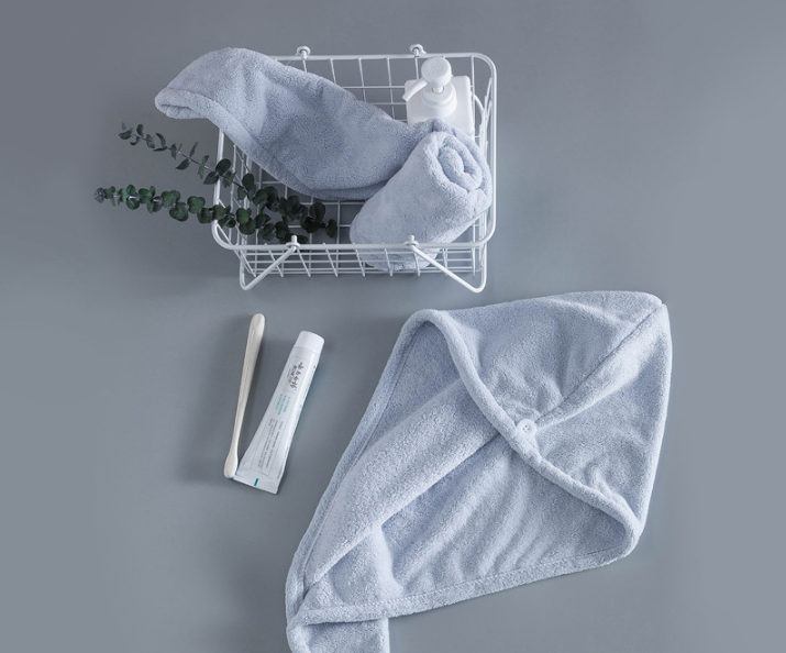 Soft Microfibre Hair Drying Towel Wrap - Super Absorbent Coral Fleece Turban with Secure Button - Quick Dry Bath Head Cap for Wet Hair & Spa - Light blue Tristar Online