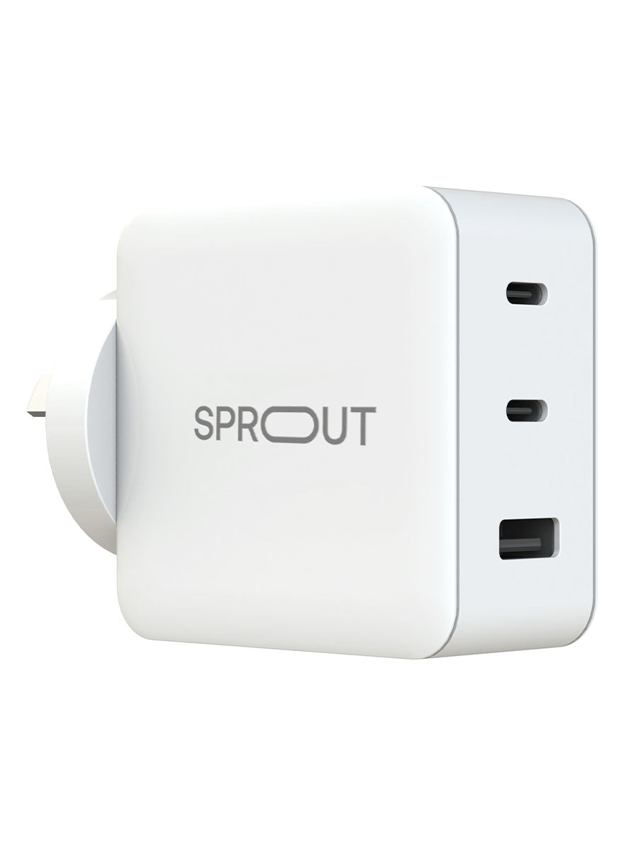 Sprout 65W GaN Power Adapter – White – 3-Port Fast Charger - (AU Version) - Pristine – Refurbished Sprout