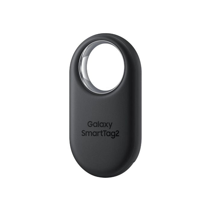 Front view of Samsung Galaxy SmartTag2 in Black showing the rounded rectangular shape and large keyring loop.