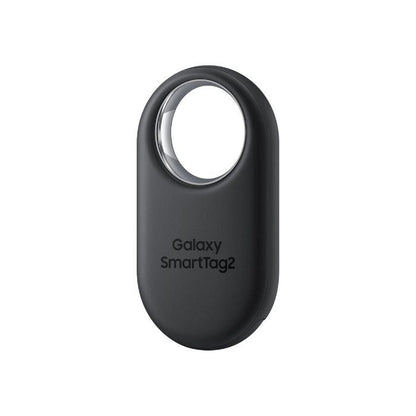 Front view of Samsung Galaxy SmartTag2 in Black showing the rounded rectangular shape and large keyring loop.