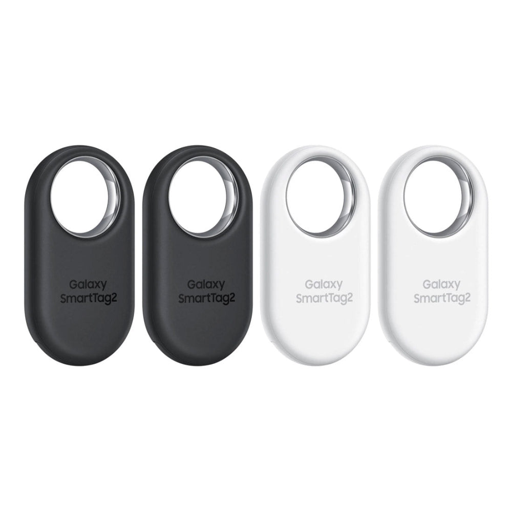 Samsung SmartTag2 Bluetooth Tracker 4-Pack in Black and White displayed front and back