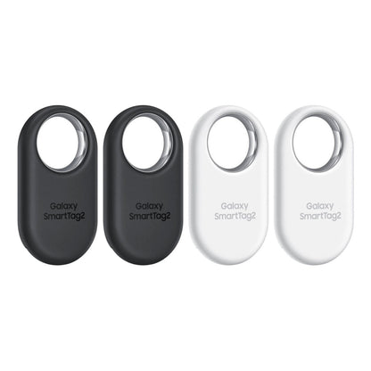 Samsung SmartTag2 Bluetooth Tracker 4-Pack in Black and White displayed front and back