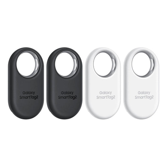 Samsung SmartTag2 Bluetooth Tracker 4-Pack in Black and White displayed front and back