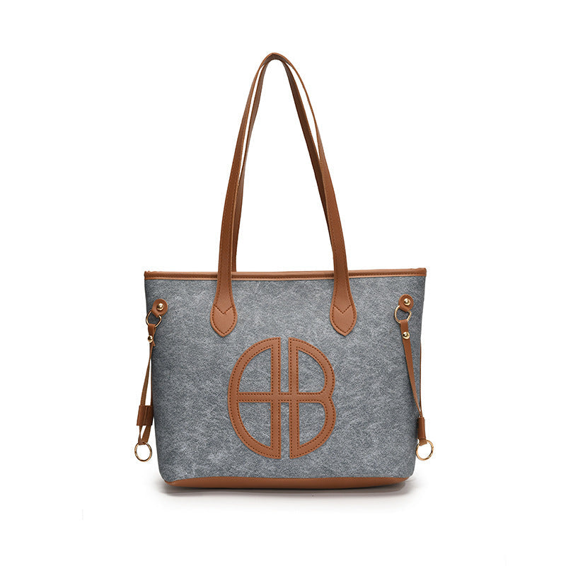 Stylish Large Capacity Tote Bag with PU Leather Trim & Logo Detail(Blue and Brown) Tristar Online