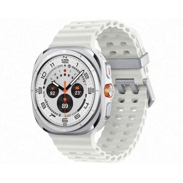 Samsung Galaxy Watch Ultra 47mm Titanium White front view showing circular Super AMOLED watch face and white sport strap.
