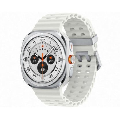 Samsung Galaxy Watch Ultra 47mm Titanium White front view showing circular Super AMOLED watch face and white sport strap.