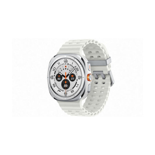 Samsung Galaxy Watch Ultra 47mm Titanium White front view showing circular Super AMOLED watch face and white sport strap.