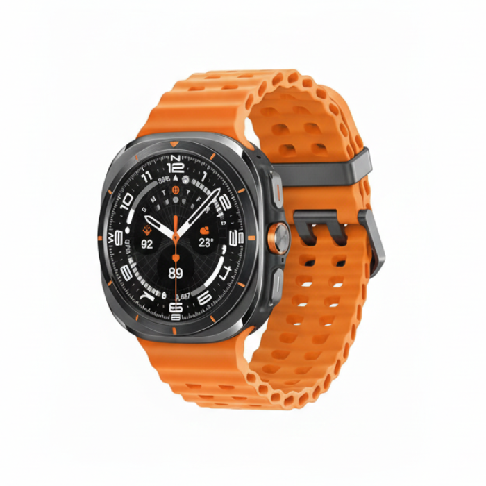 Samsung Galaxy Watch Ultra 47mm Titanium Grey front view showing circular Super AMOLED watch face and orange sport strap