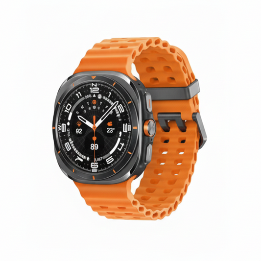 Samsung Galaxy Watch Ultra 47mm Titanium Grey front view showing circular Super AMOLED watch face and orange sport strap