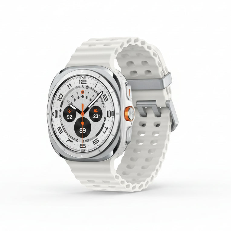 Front view of Samsung Watch Ultra 47mm LTE in Titanium Blue showing 1.47‑inch AMOLED display with triathlon watch face.