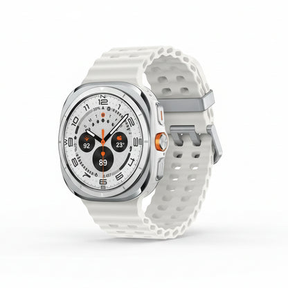 Front view of Samsung Watch Ultra 47mm LTE in Titanium Blue showing 1.47‑inch AMOLED display with triathlon watch face.