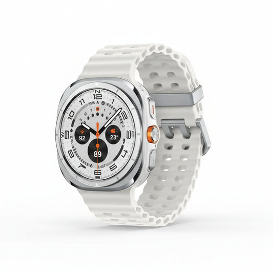 Front view of Samsung Watch Ultra 47mm LTE in Titanium Blue showing 1.47‑inch AMOLED display with triathlon watch face.