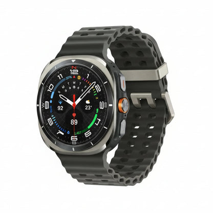 Product lay‑flat of Galaxy Watch Ultra 47mm Titanium Blue with marine band, wireless charger and quick start guide.​

