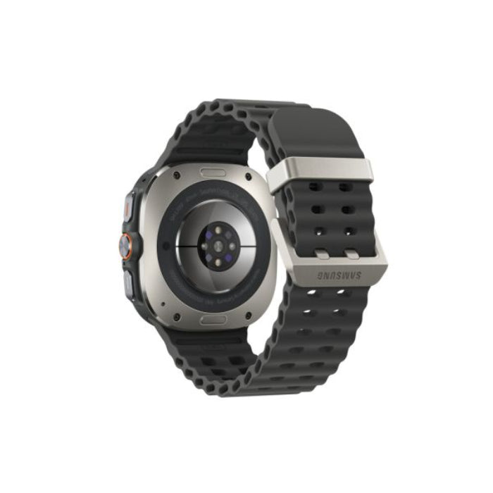 Side angle of Galaxy Watch Ultra 47mm Titanium Silver highlighting rotating bezel and marine‑style sport band