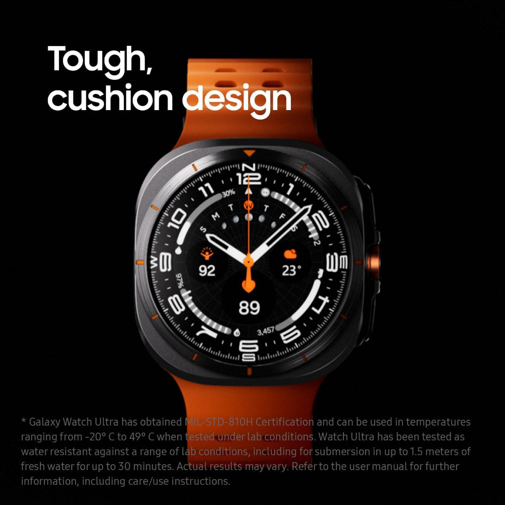 Side angle of Galaxy Watch Ultra L705 highlighting titanium cushion case, raised bezel and Quick Button.