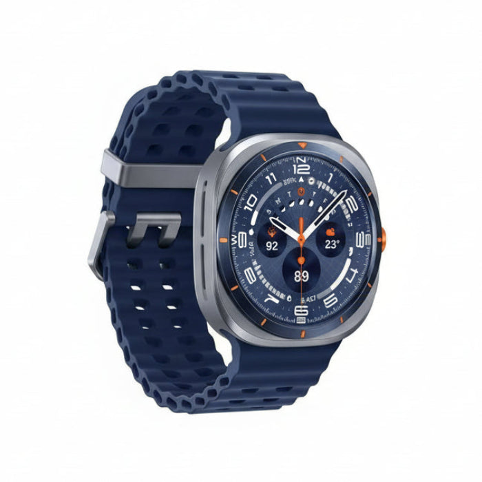 Samsung Watch Ultra 47mm on a wrist during a trail run, displaying dual‑frequency GPS route and pace data.