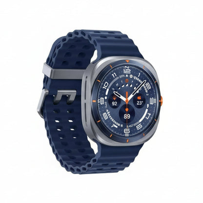 Samsung Watch Ultra 47mm on a wrist during a trail run, displaying dual‑frequency GPS route and pace data.