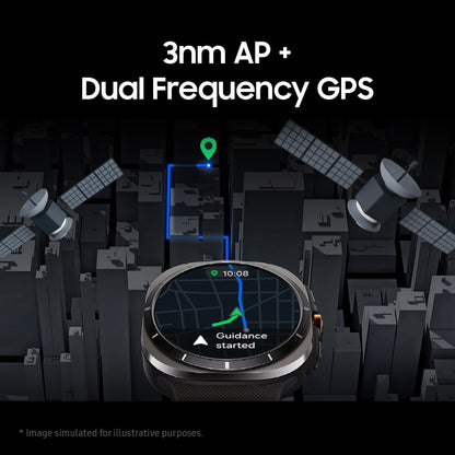 Close‑up of Samsung Galaxy Watch Ultra Titanium Grey crown and button layout on the right side of the case.​

