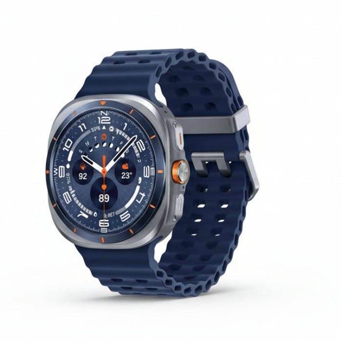 Night‑time shot of Galaxy Watch Ultra 47mm in Night Mode with red‑tinted watch face preserving night vision.