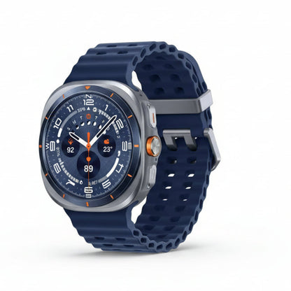 Night‑time shot of Galaxy Watch Ultra 47mm in Night Mode with red‑tinted watch face preserving night vision.