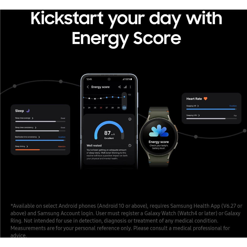 Samsung Galaxy Watch7 44mm LTE Green side angle highlighting slim aluminium case and strap buckle
