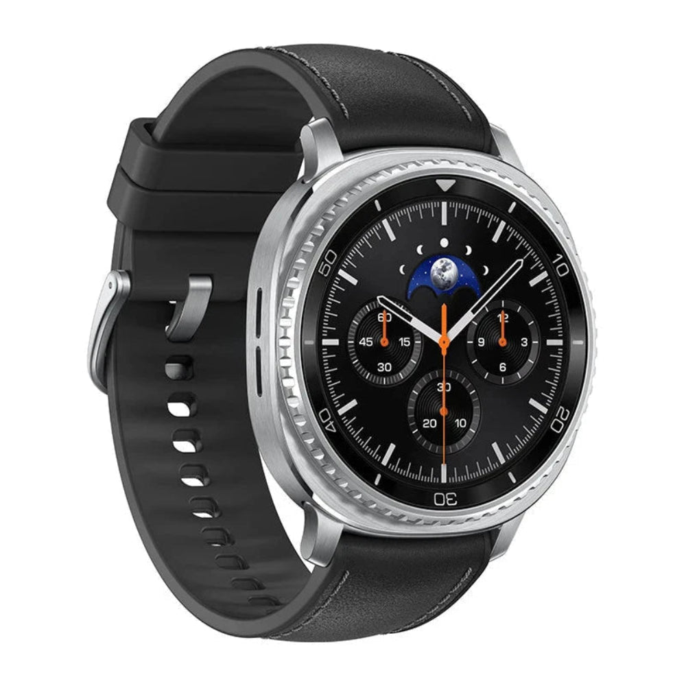 Samsung Galaxy Watch8 Classic 46mm Bluetooth Black side profile highlighting stainless steel case and rotating bezel

