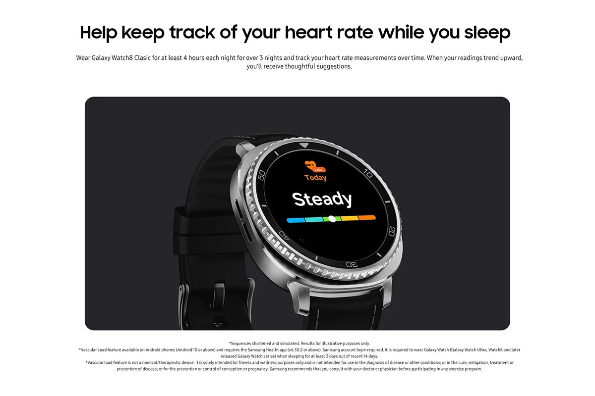 Samsung Galaxy Watch8 Classic 46mm Black with fitness dashboard showing steps, calories and active minutes

