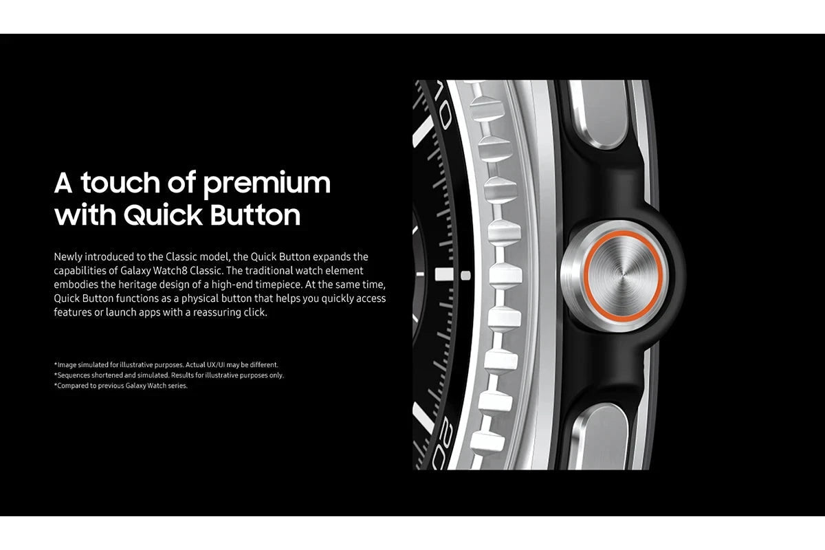 Galaxy Watch8 Classic 46mm Black on wireless charging puck illustrating fast charging

